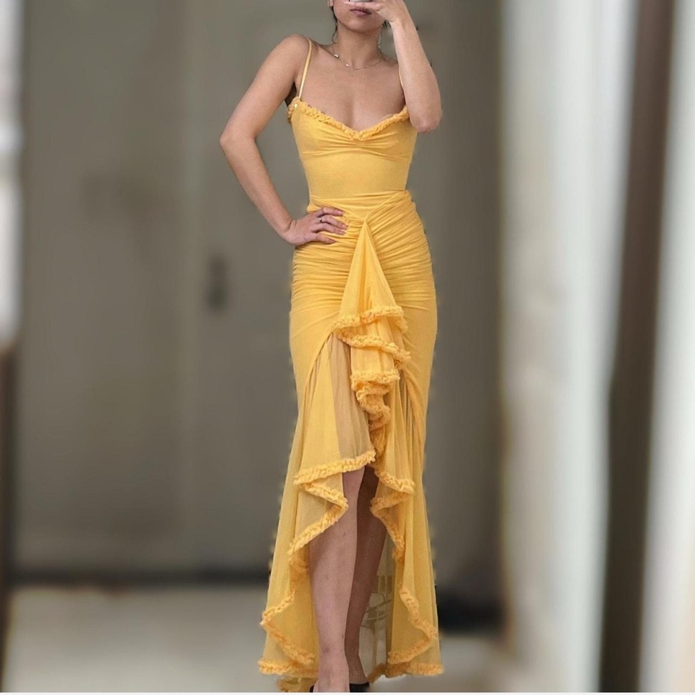 House of CB Yellow Asymmetrical Gabbi Ruffled Gown